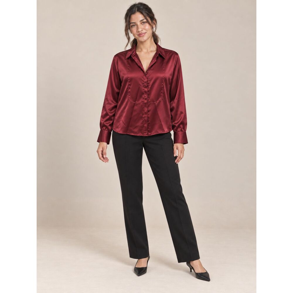 NWT LOFT Burgundy Satin Button Front Blouse Women XL Long Sleeve